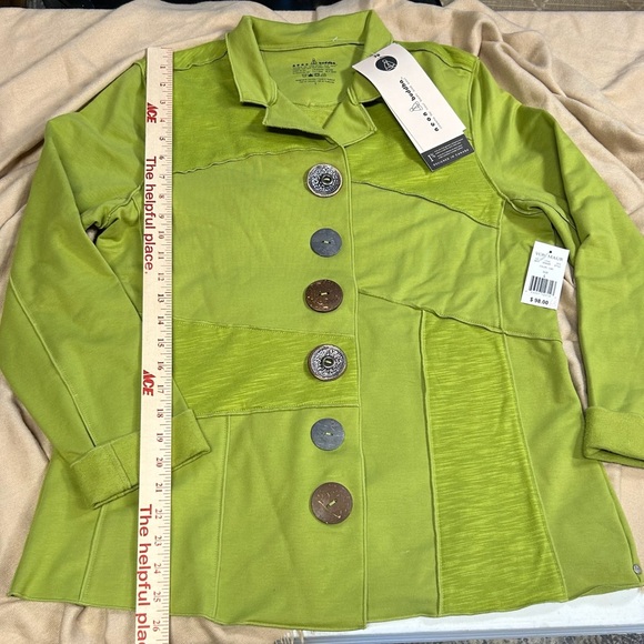 Neon Buddha Lg Jersey Cotton Blend Stretch Artsy BOHO Lg Buttons Raw Edges Large - Picture 2 of 4